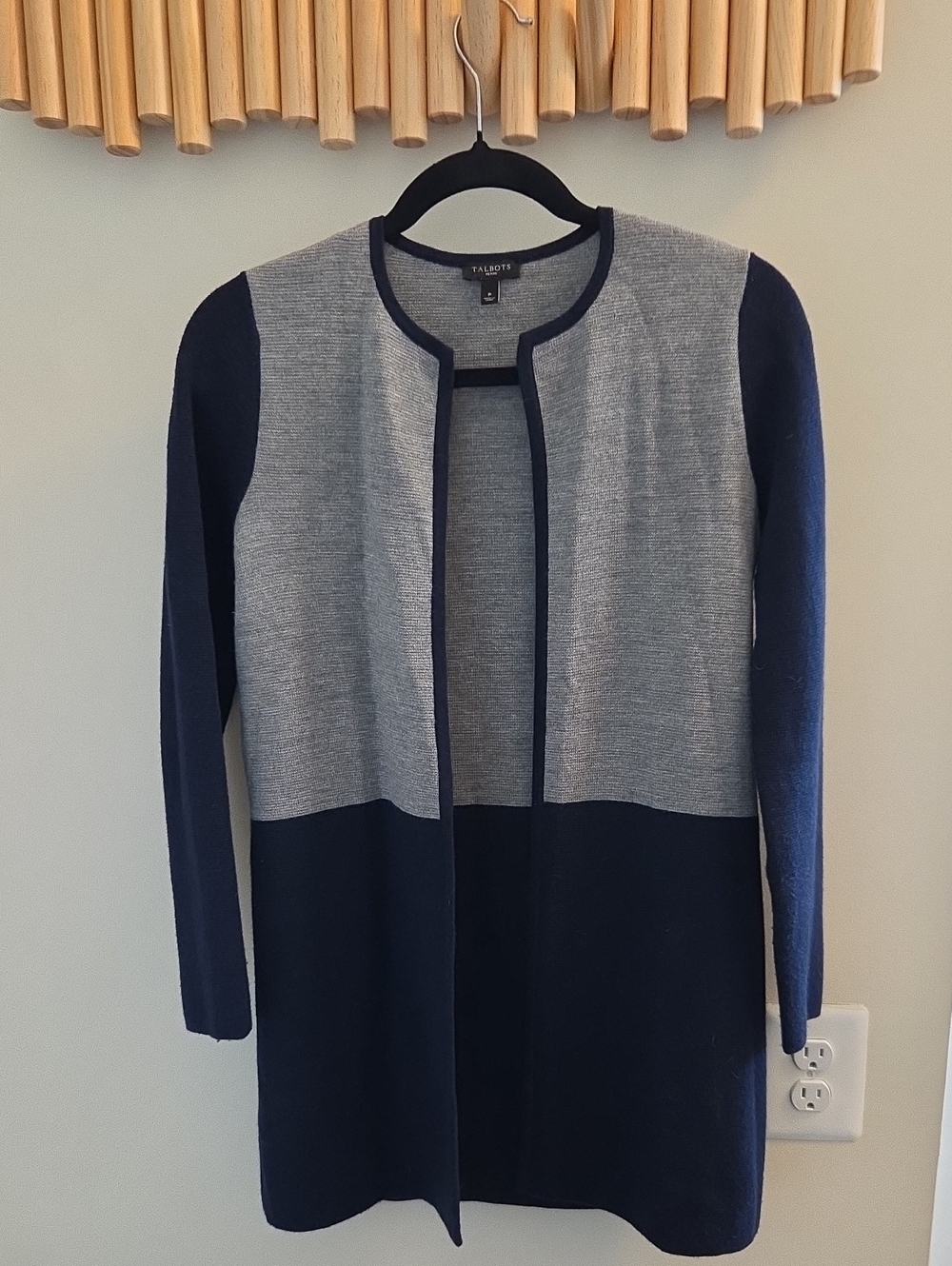 Talbots Navy and Light Gray Colorblock Open-Front Cardigan- Wool Blend